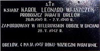 Tablica upamiętniająca ks. Karola Leonarda Wajszczuka - w kościele parafialnym w Drelowie
